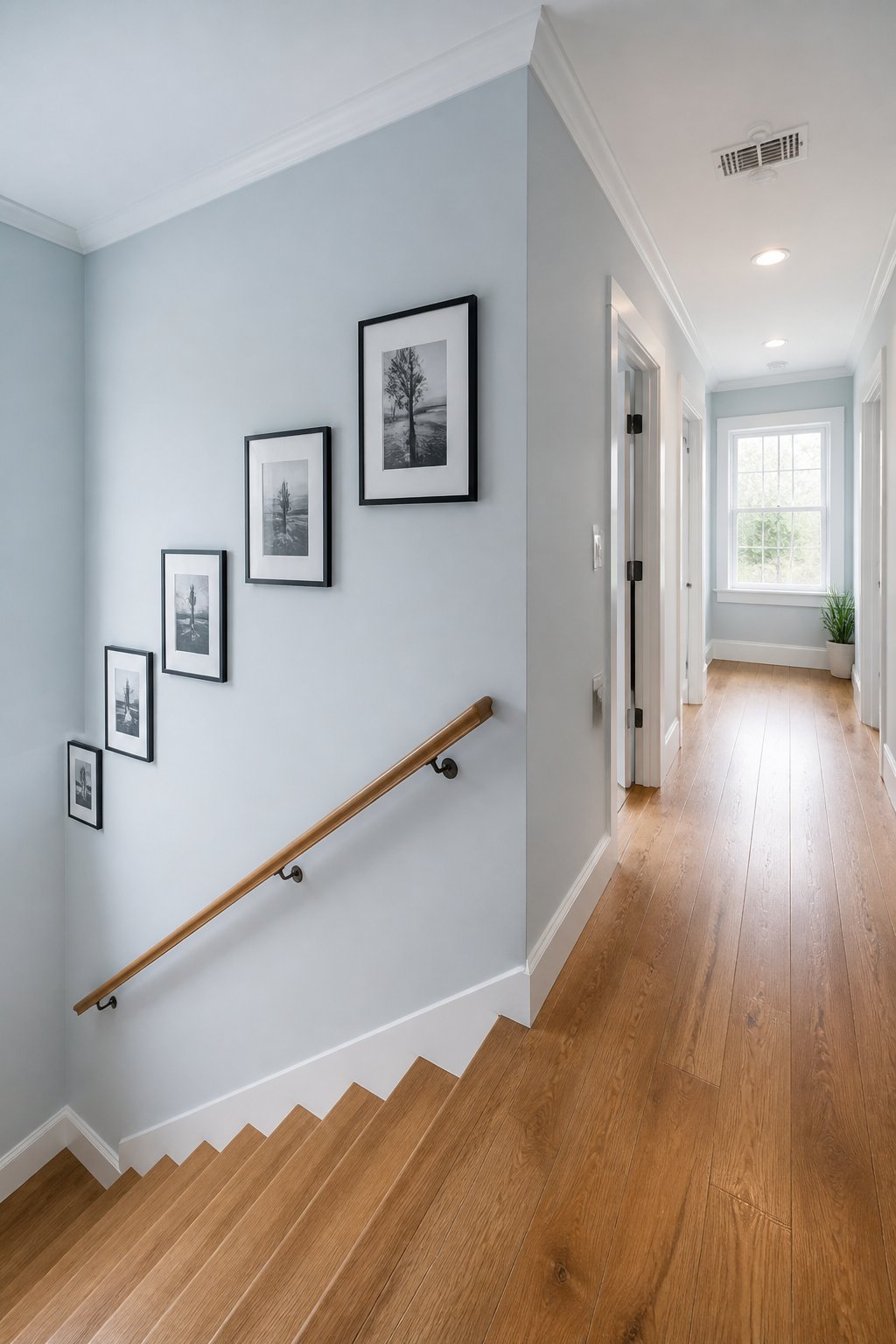 A blue-painted stairwell leads to an upstairs hallway with warm white trim, a wooden handrail, framed black-and-white artwork, and daylight from a window.