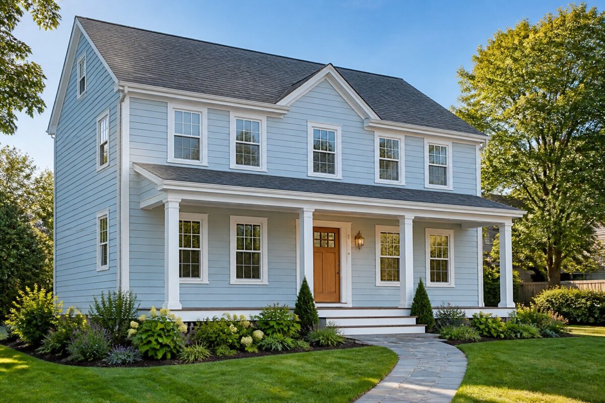 A two-story blue house with white trim, a wooden front door, green plants, and a stone walkway.