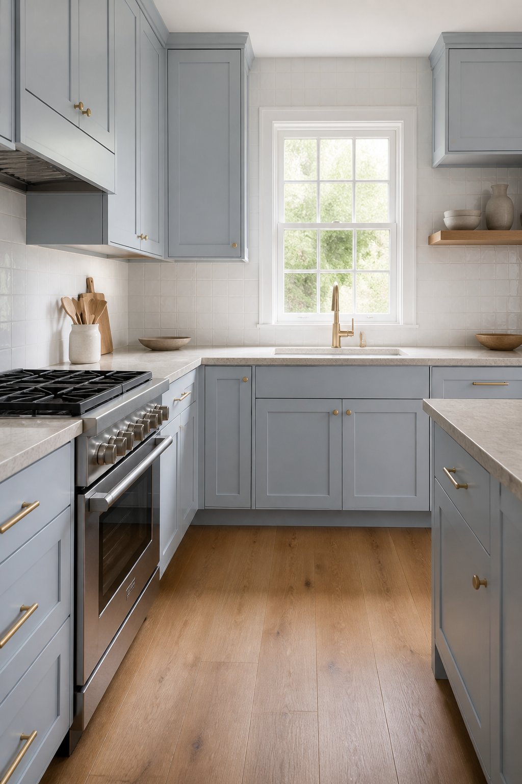 A bright kitchen with muted blue cabinets, pale countertops, white tile backsplash, brass fixtures, a stainless-steel range, warm oak flooring, and an open shelf of ceramics.