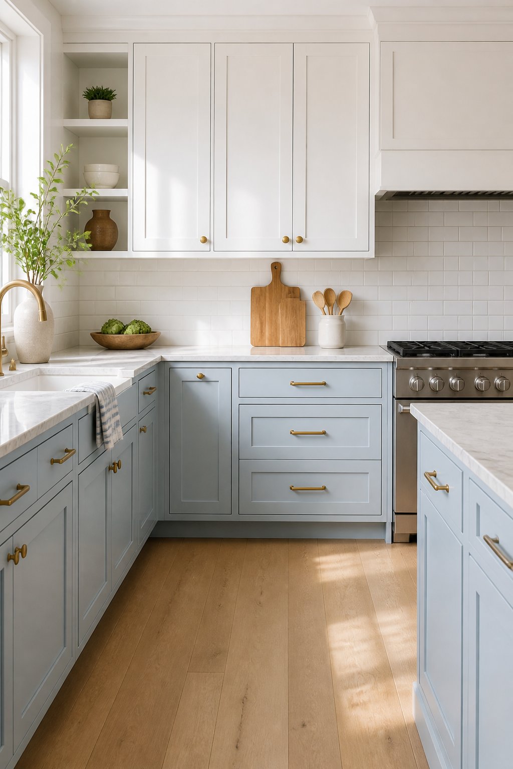 Bright kitchen with white upper cabinets, muted blue lower cabinets, a marble countertop, brass handles, white subway tile, and light wood flooring.
