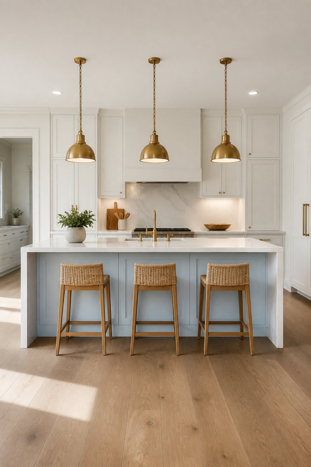 A bright kitchen with white cabinets, a muted blue island, brass pendant lights, woven stools, and warm oak flooring.