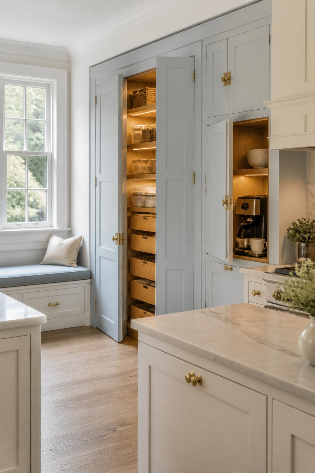 A bright kitchen with warm white cabinets, a muted blue pantry and appliance garage, brass hardware, a stone counter, and a blue window seat.