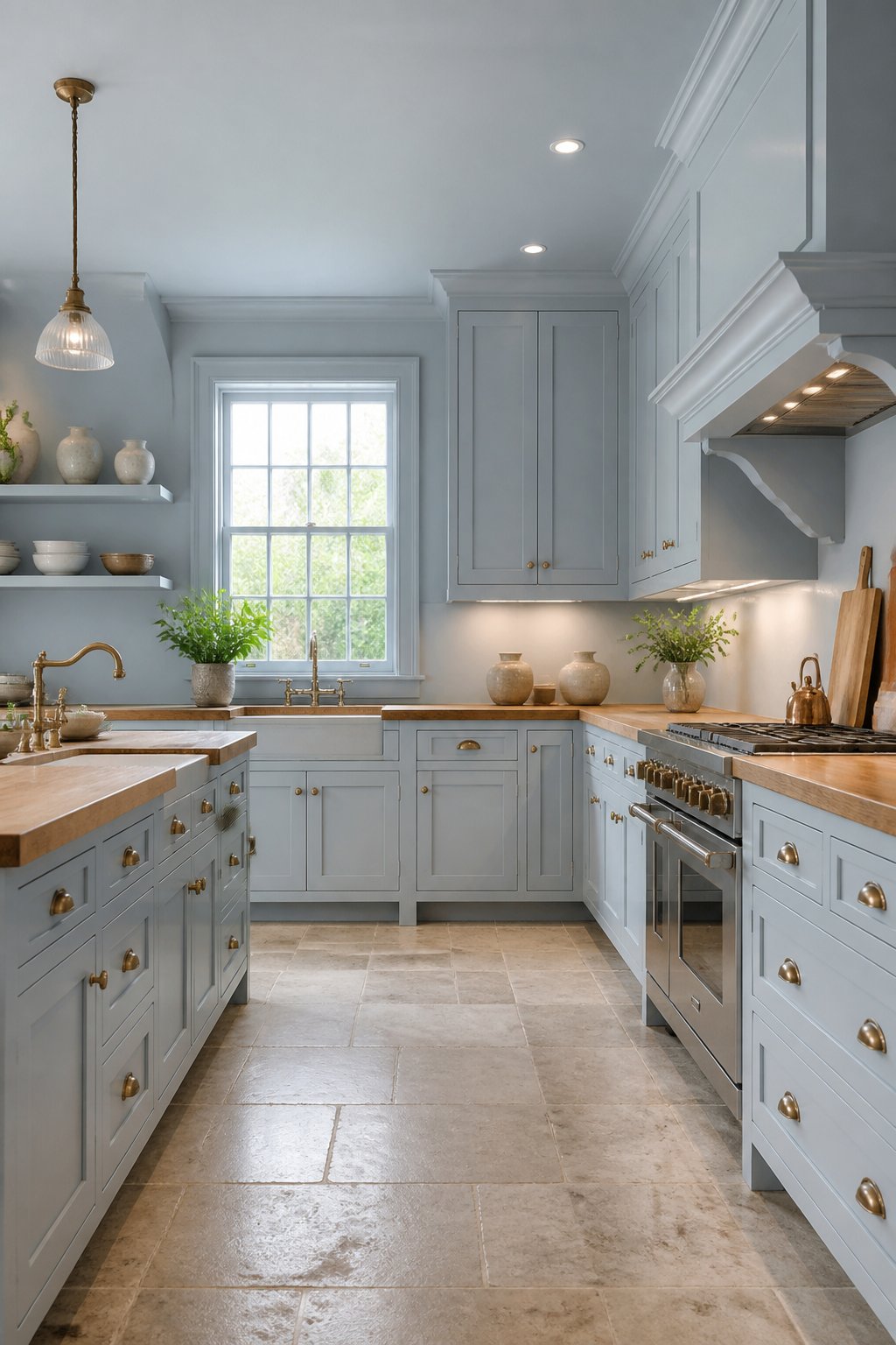 A serene blue kitchen with wood countertops, brass fixtures, stone flooring, and daylight entering through a large window.