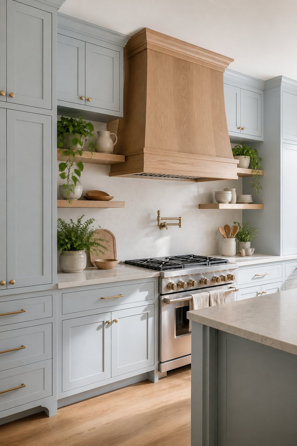 A bright kitchen with muted blue cabinets, white oak shelves and range hood, pale countertops, brass hardware, greenery, and a wood floor.
