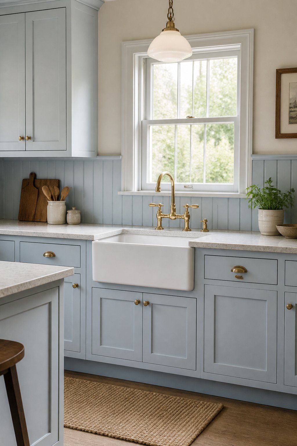 A blue cottage kitchen with inset cabinets, a beadboard sink cabinet, a white farmhouse sink, brass faucet, stone countertop, and pendant light.