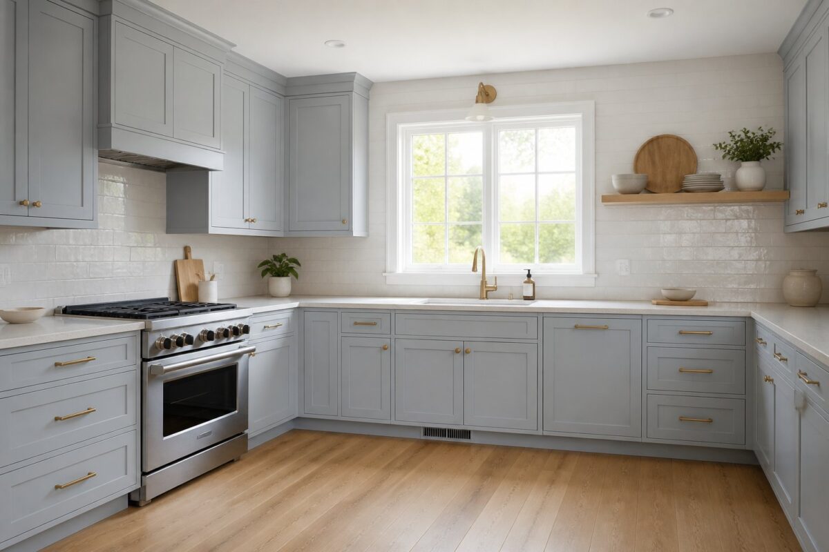 Bright kitchen with muted blue cabinets, pale countertops, white tile backsplash, brass hardware, stainless range, oak flooring, and a shelf of ceramics.