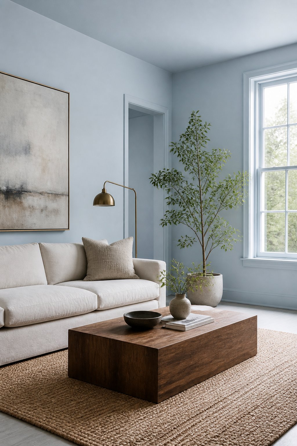 A calm living room with blue-gray walls, an oatmeal sofa, a walnut coffee table, a brass lamp, a jute rug, abstract artwork, and a tall potted plant.