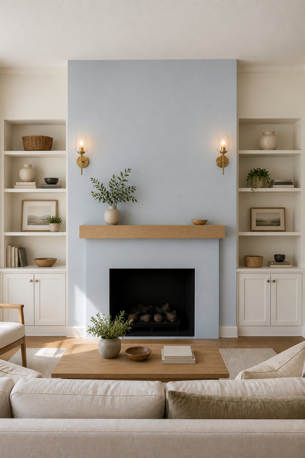 A calm living room with a muted blue fireplace wall, white surrounding walls, a wood mantel, black firebox, built-in shelves, brass sconces, a linen sofa, and a wood coffee table.