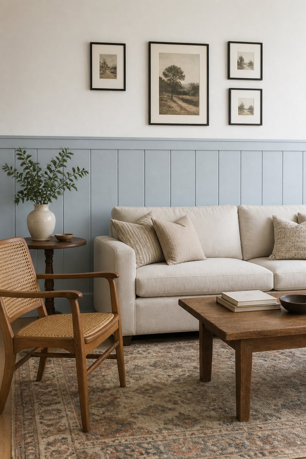 Bright living room with blue-gray board-and-batten wainscoting, a white upper wall, linen sofa, framed artwork, cane chair, vintage rug, and wooden coffee table.