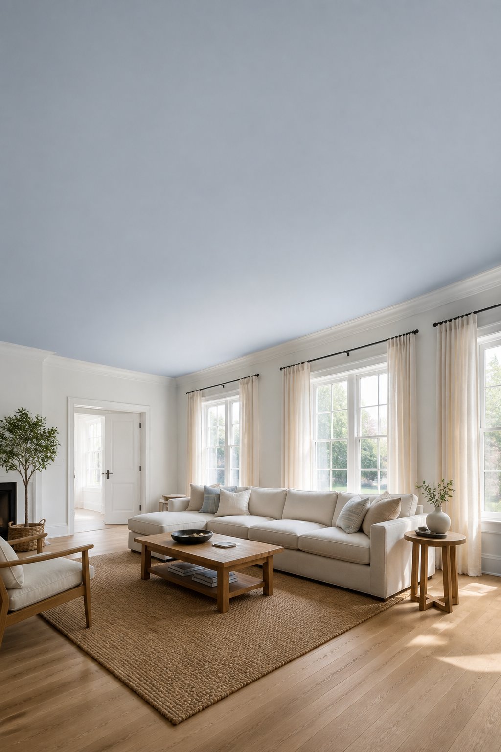 Bright living room with a muted blue-gray ceiling, white walls, a neutral sofa, wood tables, a jute rug, and tall windows with linen curtains.