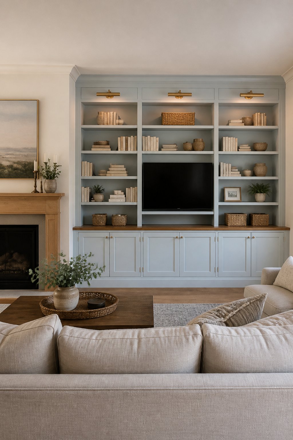 A living room with sky-blue built-in shelves and media cabinets, decorated with books, baskets, ceramics, and brass lights beside a linen sofa.