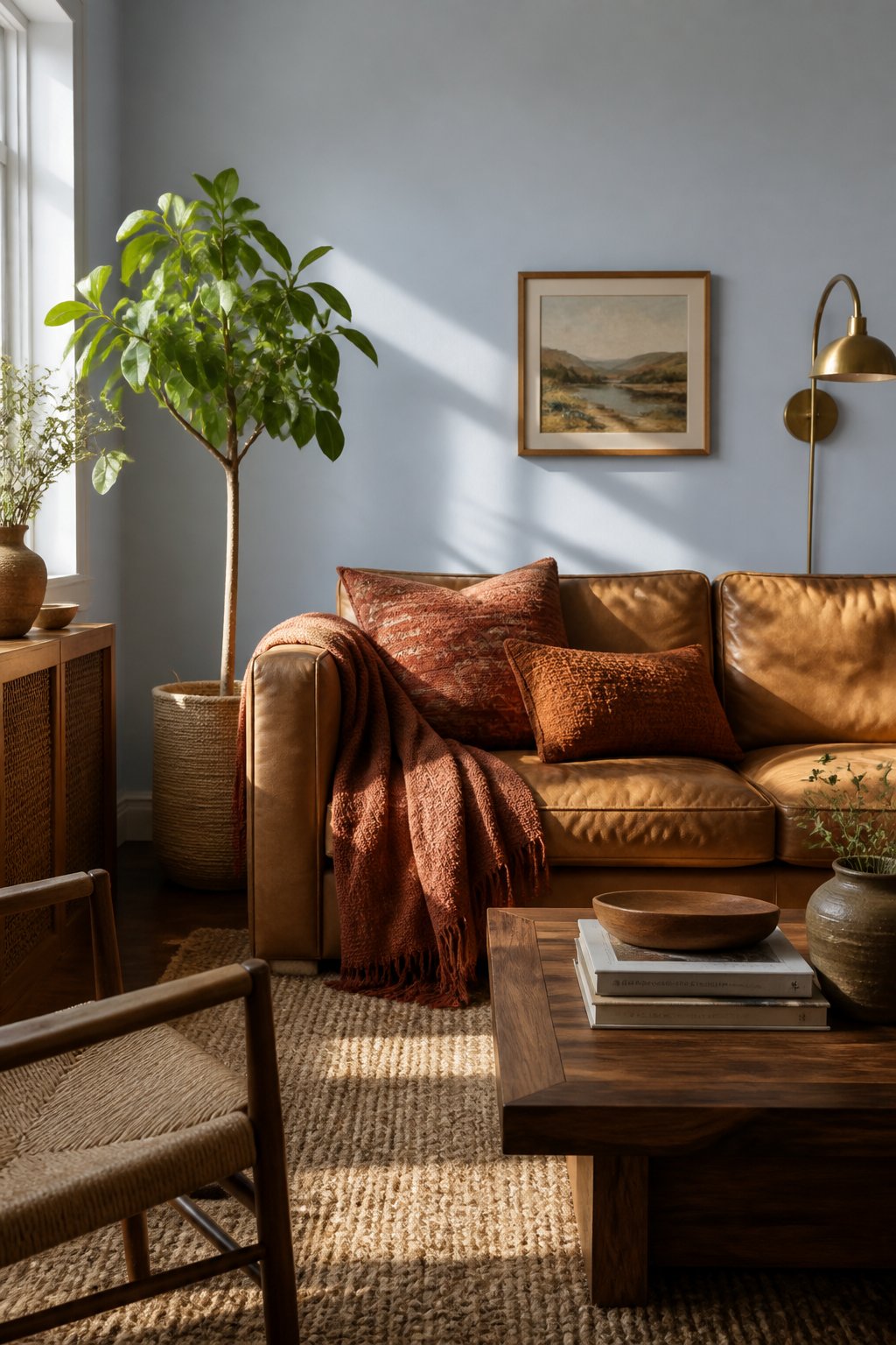 A welcoming living room with muted sky-blue walls, a tan sofa, warm wood furniture, terracotta accents, a textured rug, baskets, a leafy plant, and afternoon sunlight.
