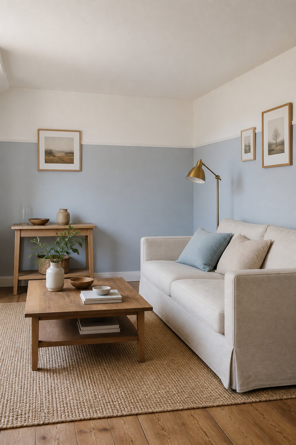 A bright living room with low furniture, a linen sofa, a wooden coffee table, artwork, and a brass floor lamp against two-tone blue and warm white walls.