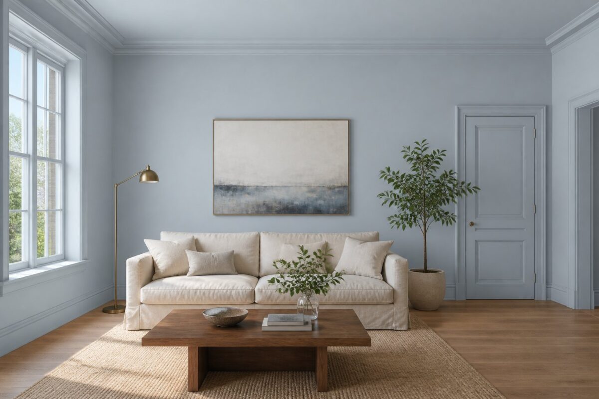 A calm living room with blue walls, a linen sofa, a wooden coffee table, a brass floor lamp, a woven rug, abstract artwork, and a tall potted plant.