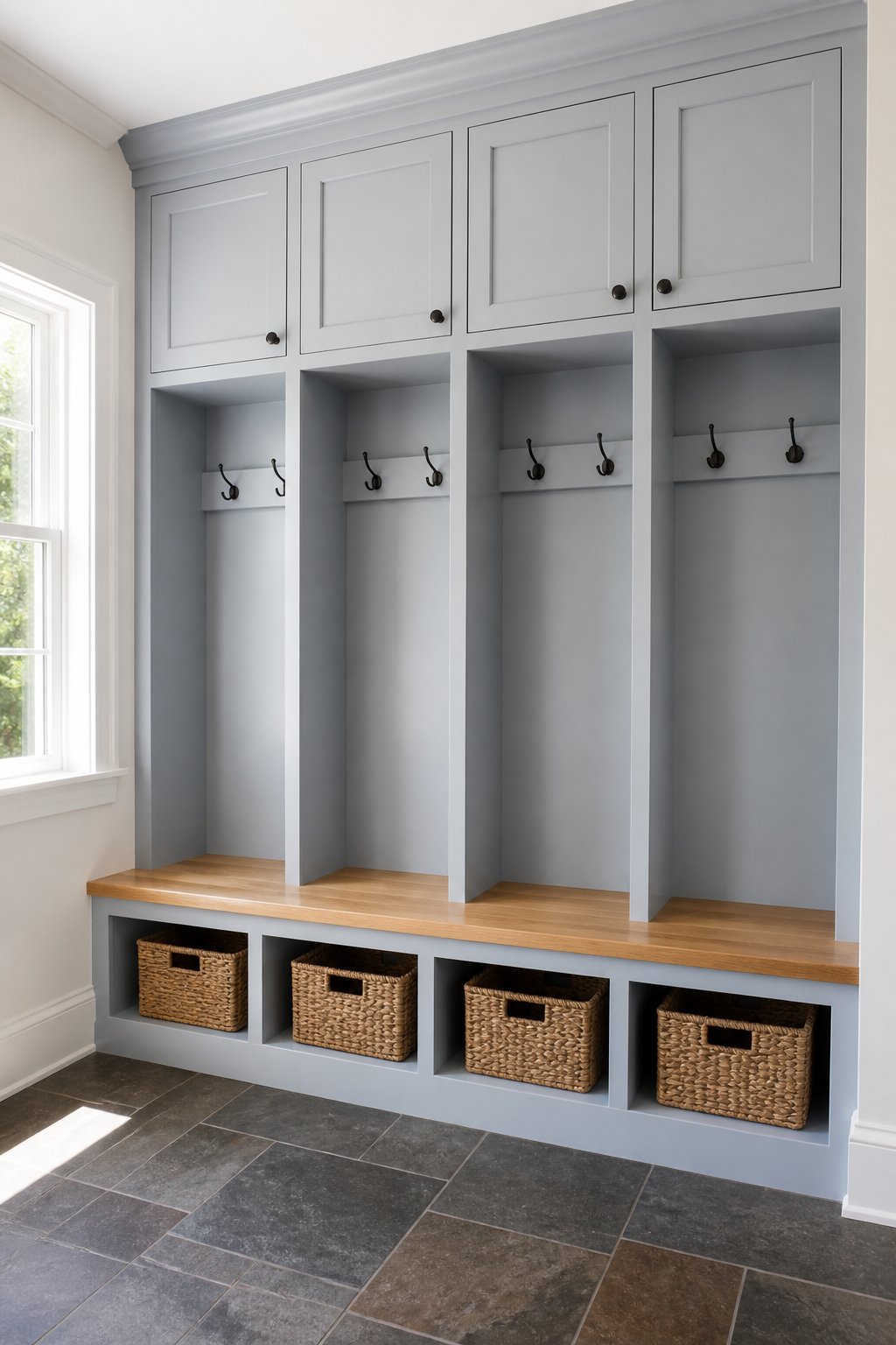 A mudroom with a full wall of muted blue lockers, a wood bench, black hooks, woven baskets, and a slate tile floor.