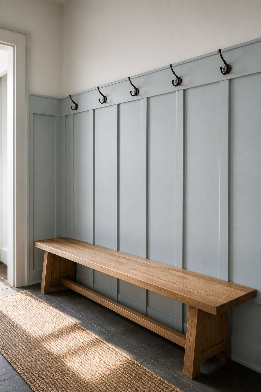 A tidy mudroom with muted blue board-and-batten walls, bronze hooks, a wooden bench, and a woven runner.