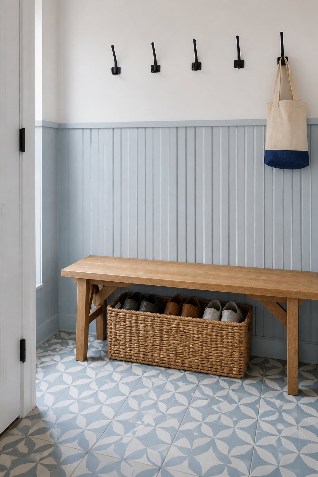 A bright mudroom with blue beadboard walls, white upper walls, a wooden bench, black hooks, a shoe basket, and a patterned tile floor.