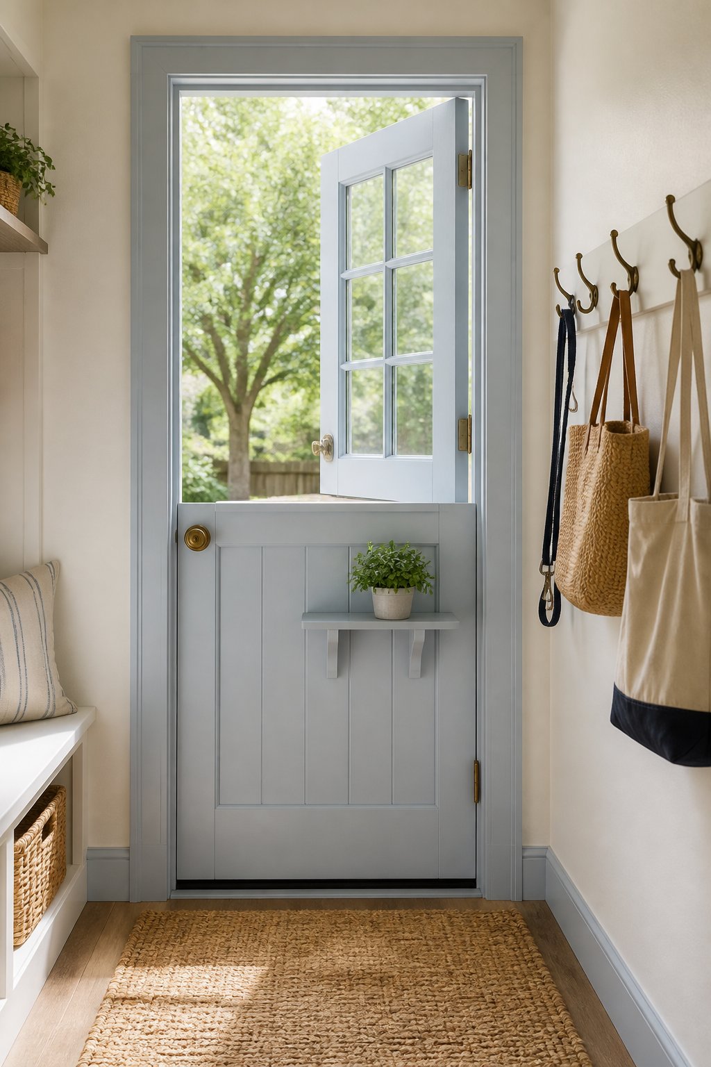 A bright mudroom with a blue Dutch door open to a yard, a potted plant, a jute mat, and hooks holding bags and a leash.