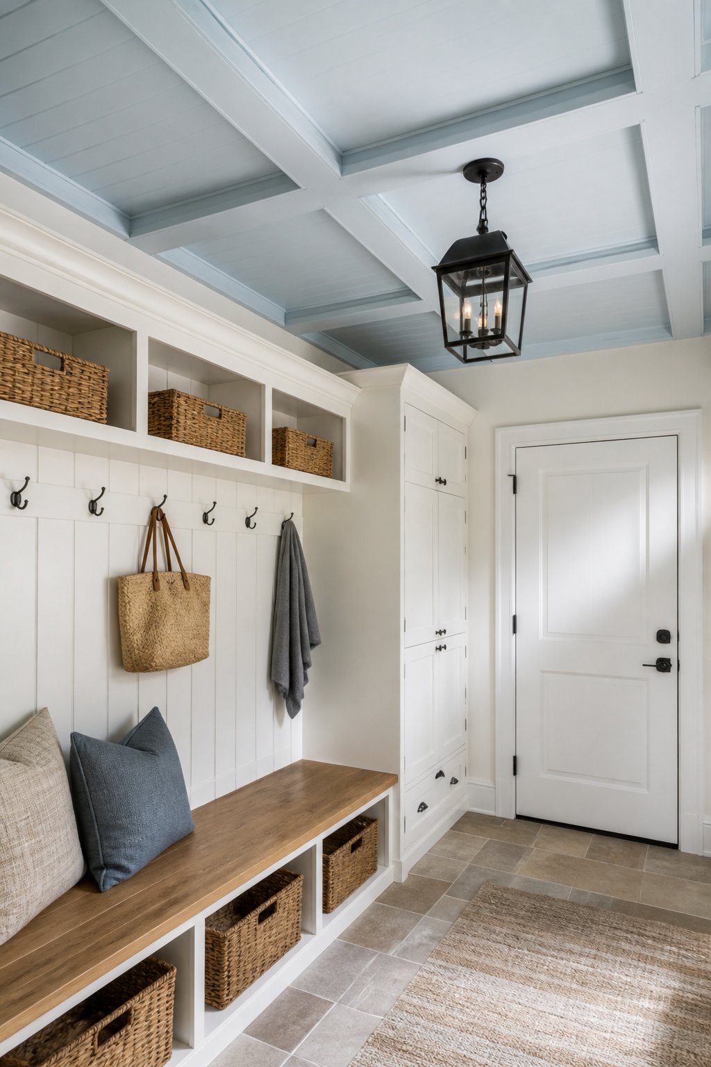 A bright mudroom with a blue ceiling and beams, white built-ins, a wooden bench, baskets, hooks, and a lantern light.