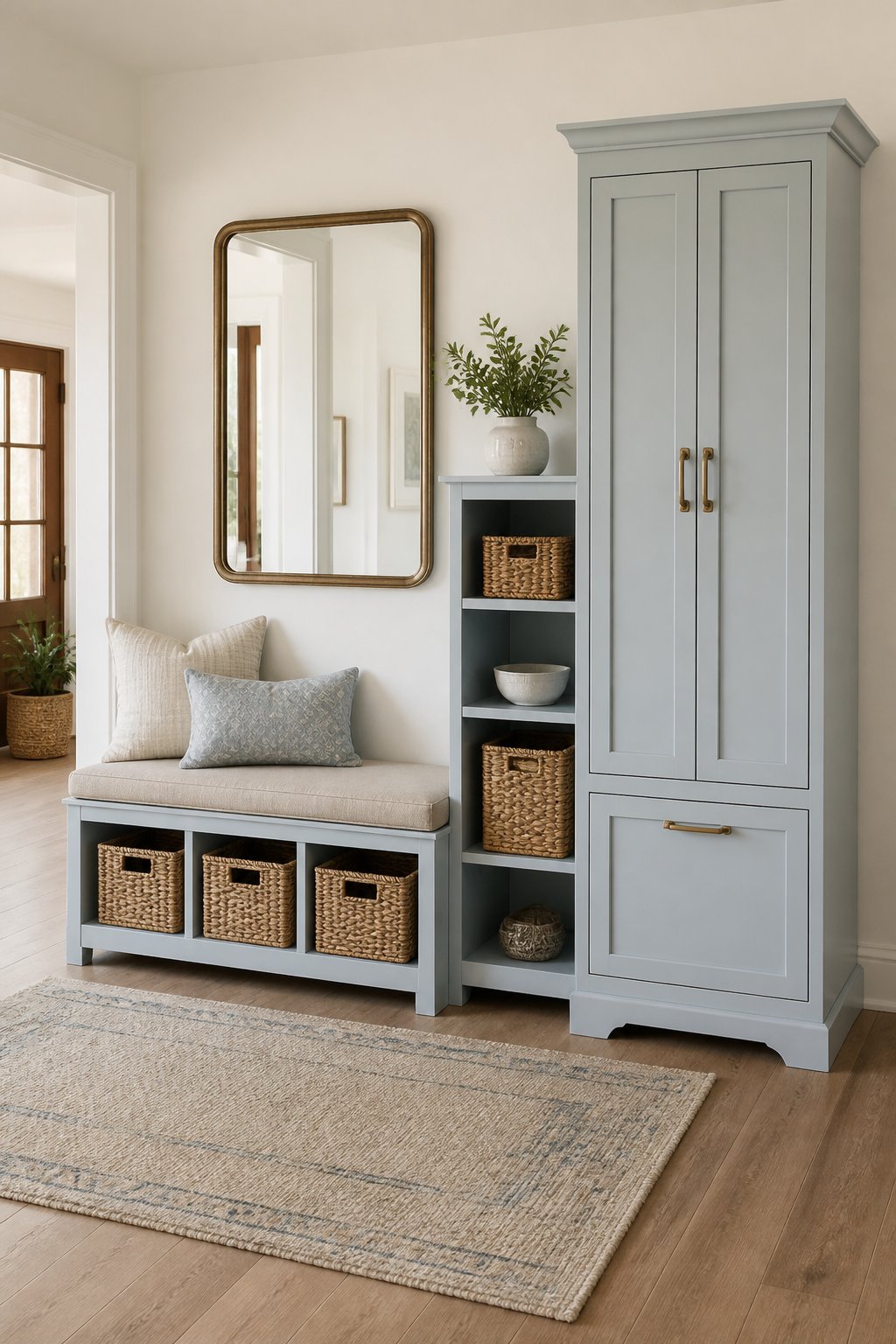 An entryway with a sky-blue bench, cubbies, tall cabinet, mirror, baskets, and a small rug against a warm white wall.