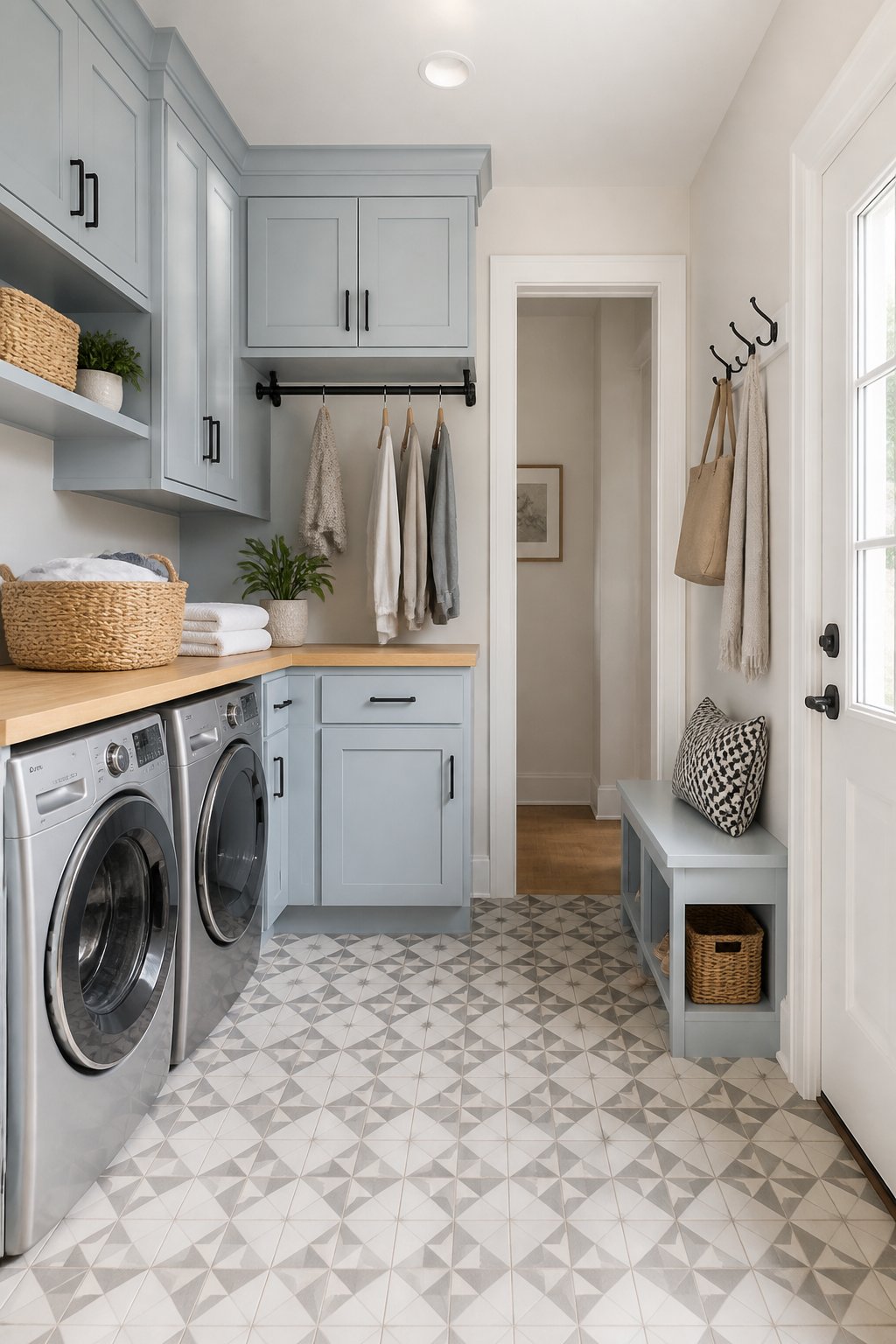 A bright laundry and mudroom with blue cabinets, a wooden folding counter, black hardware, a drying rod, patterned flooring, and a bench near the door.