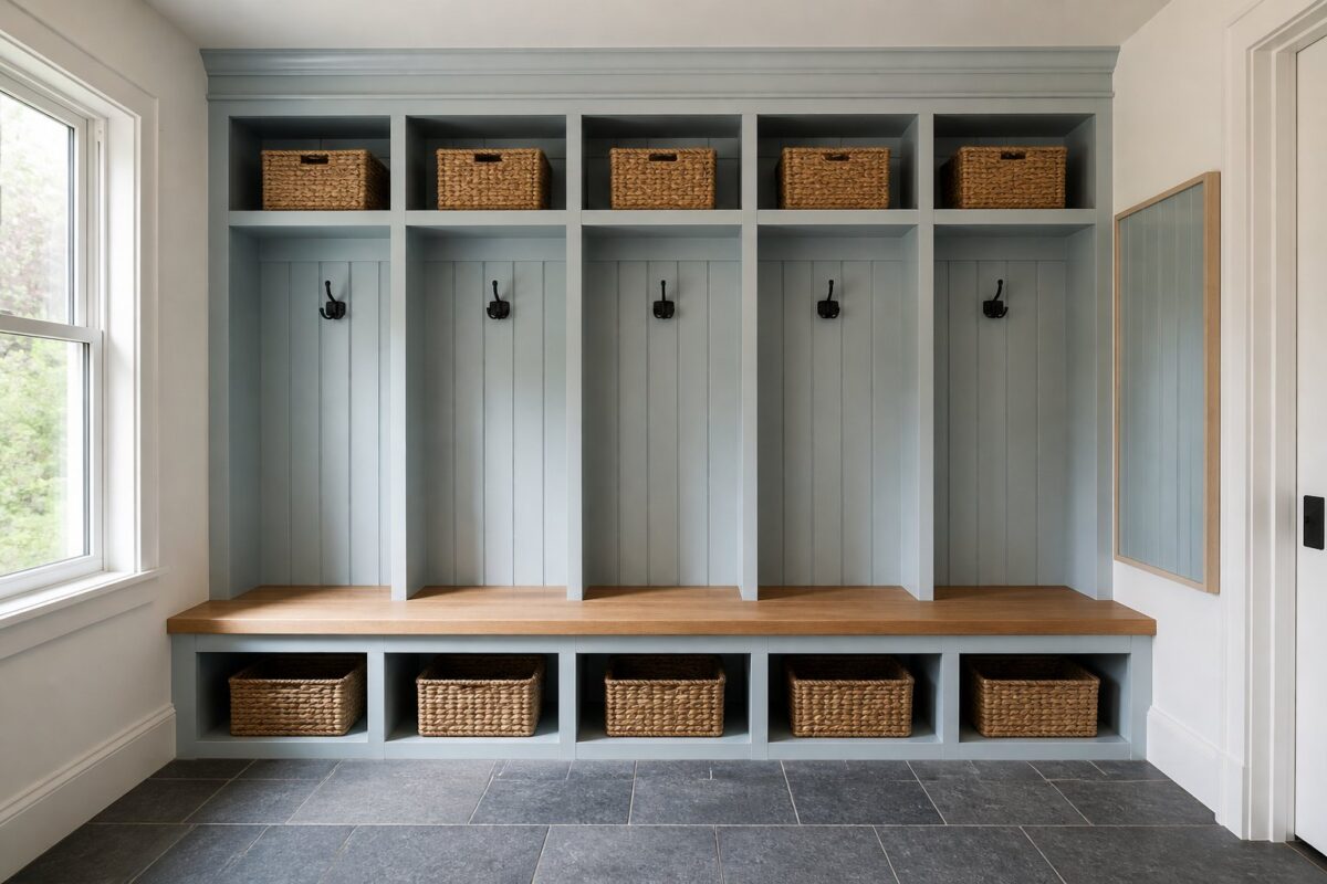 A mudroom with a floor-to-ceiling blue locker wall, oak bench, cubbies, baskets, black hooks, and a slate floor.