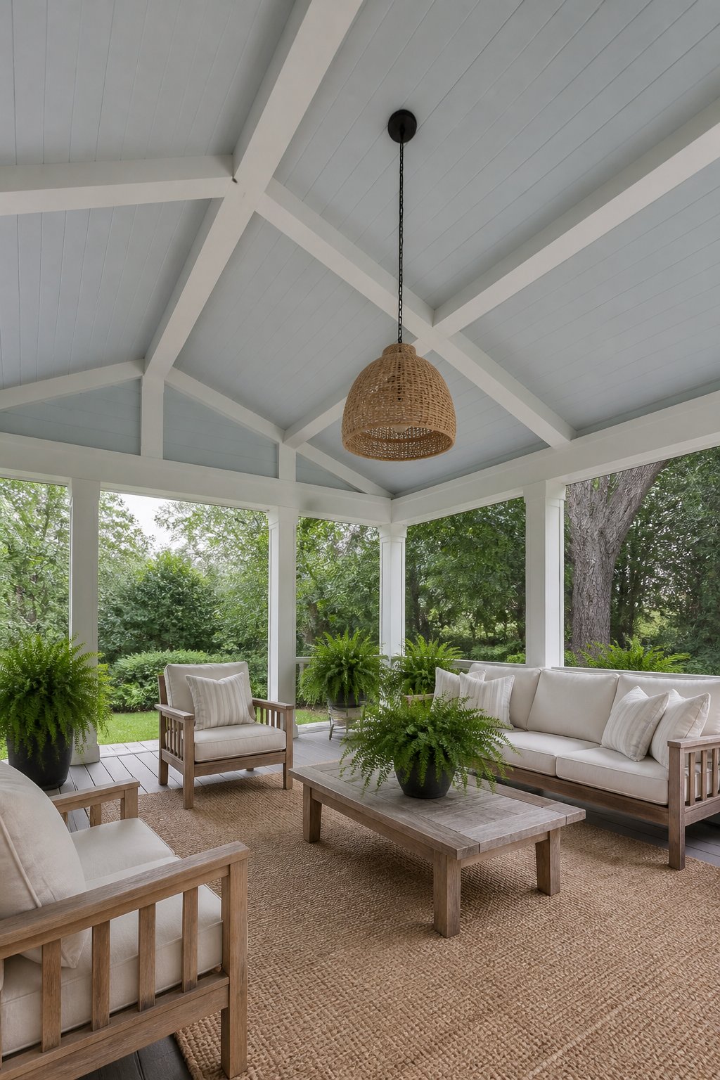 A covered patio with a muted blue ceiling, white beams, teak seating, a woven pendant light, a rug, and potted ferns.