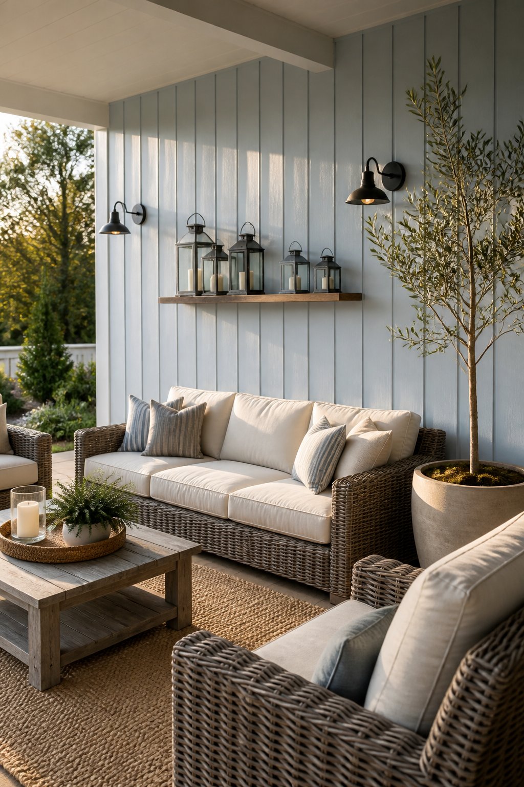 A covered patio with a muted blue paneled wall, wicker seating, cream cushions, a rug, lanterns, black sconces, and a potted olive tree.