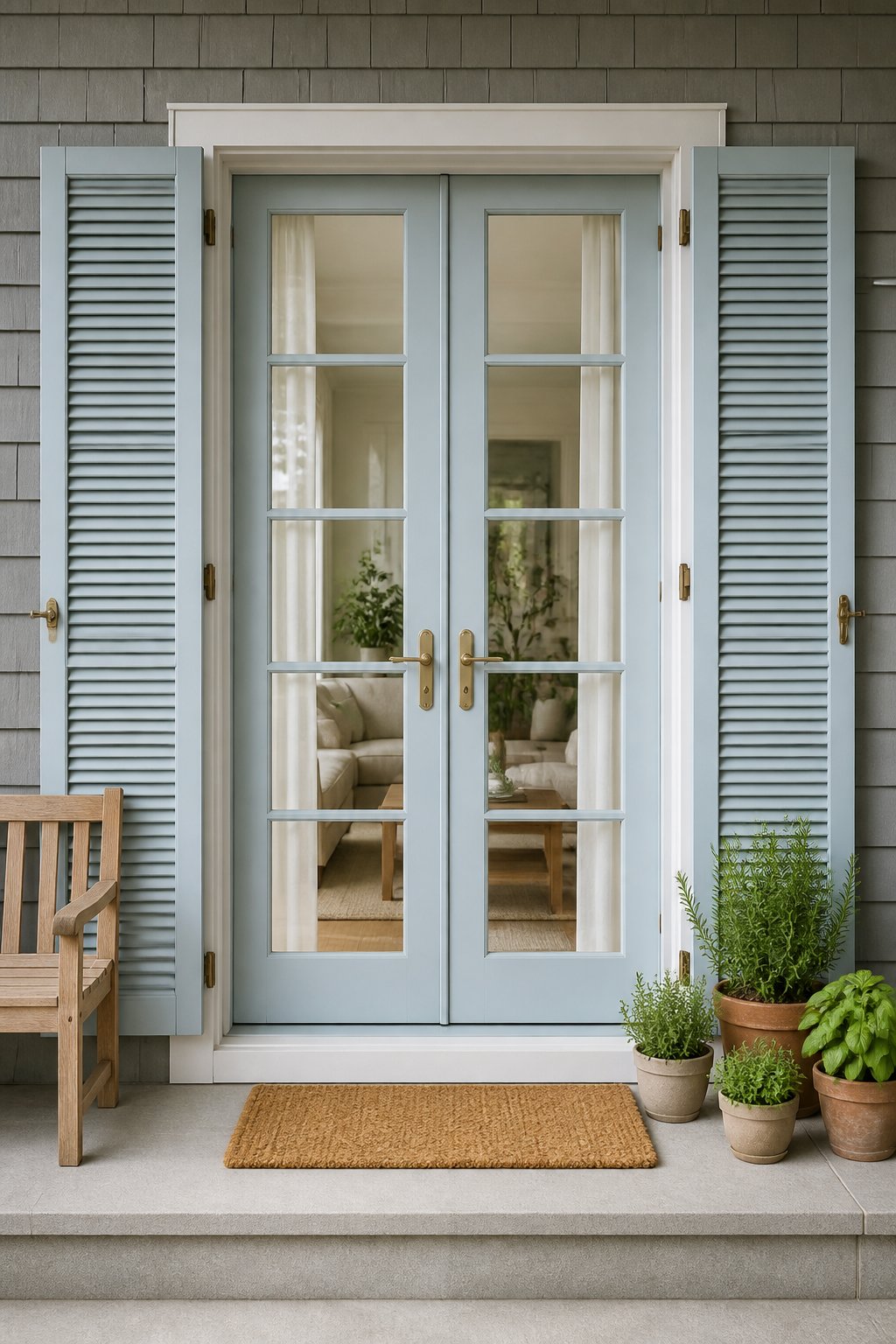 A blue French-door entry with matching shutters, white trim, potted herbs, a teak bench, and a doormat.