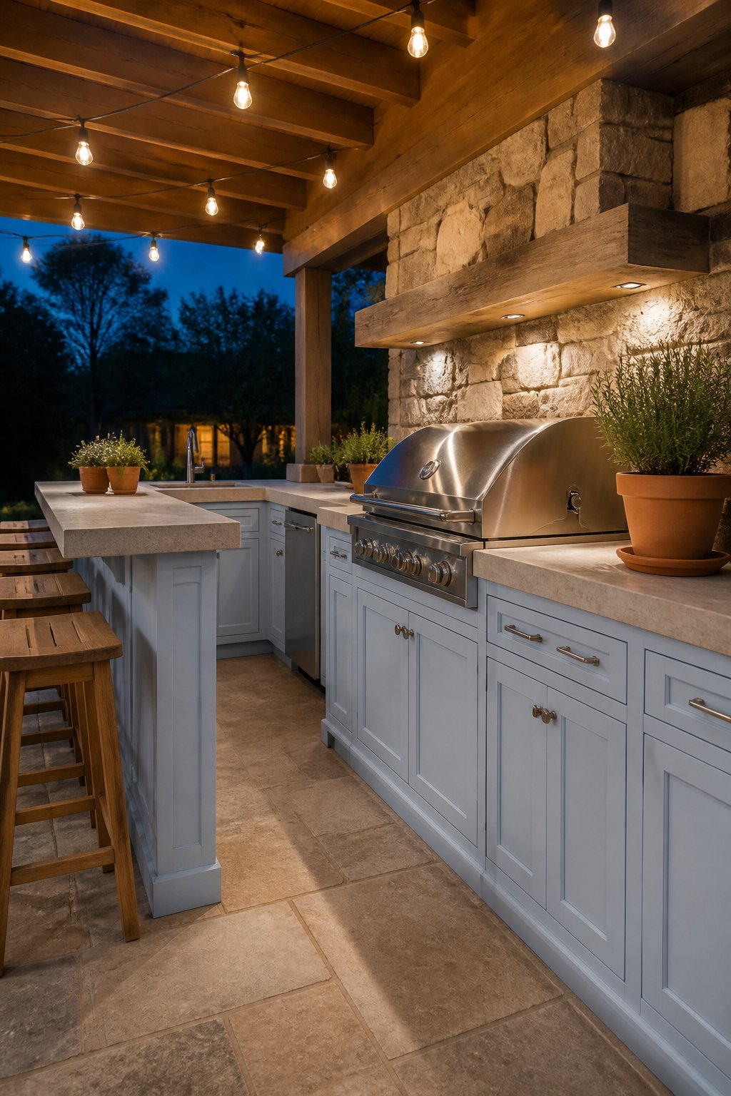 A covered outdoor kitchen with sky-blue cabinets, a concrete counter, stainless-steel grill, stone surround, teak stools, string lights, and potted rosemary.