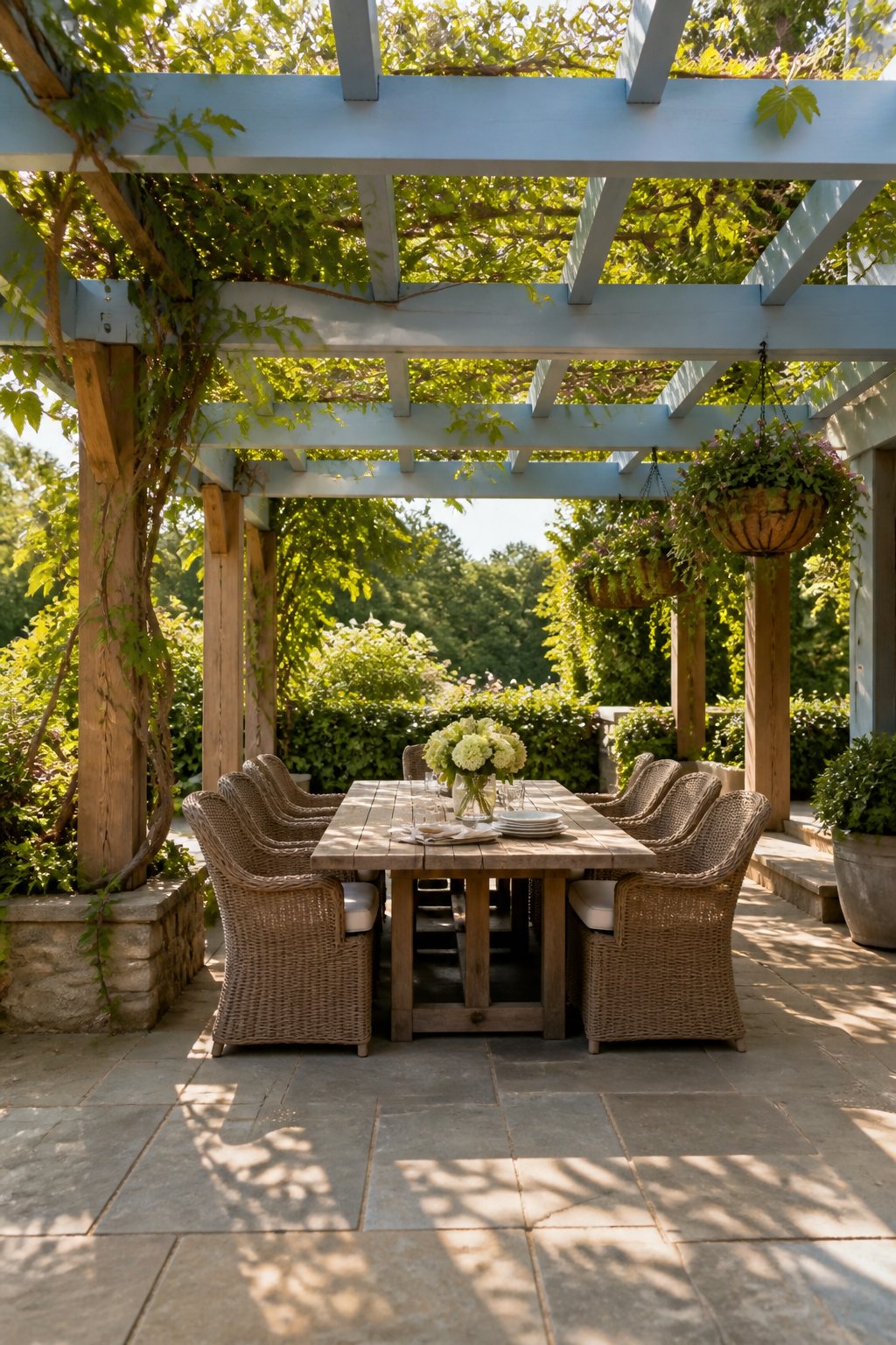 A blue-painted pergola with natural wood posts shelters a patio dining table and woven chairs, surrounded by vines and hanging planters in warm afternoon light.