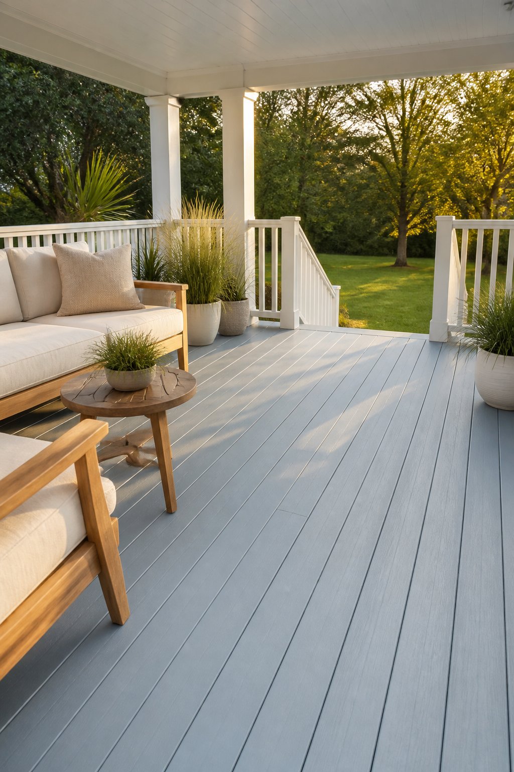 Covered patio with a muted blue painted deck and stair risers, white railings, wood seating with cream cushions, potted grasses, and a side table in warm evening light.