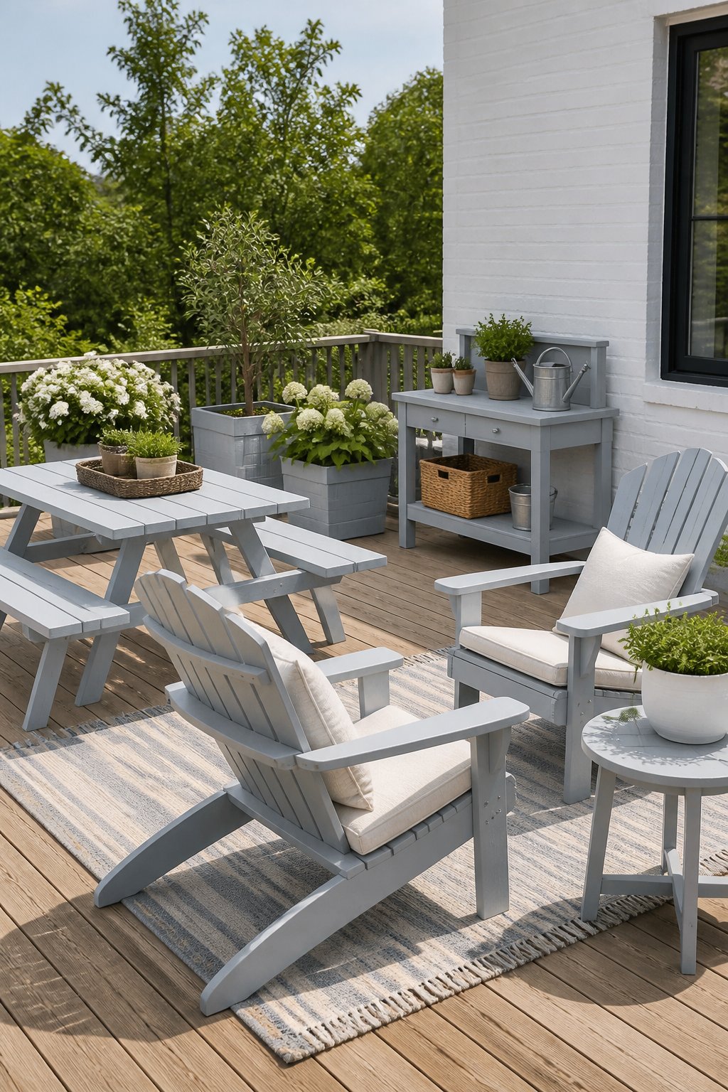A natural wood deck with sky-blue outdoor furniture, cream cushions, a striped rug, and green potted plants.