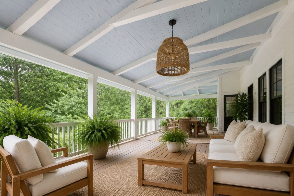 A covered patio with a muted blue ceiling, white beams, teak seating, a woven pendant light, an outdoor rug, and potted ferns.