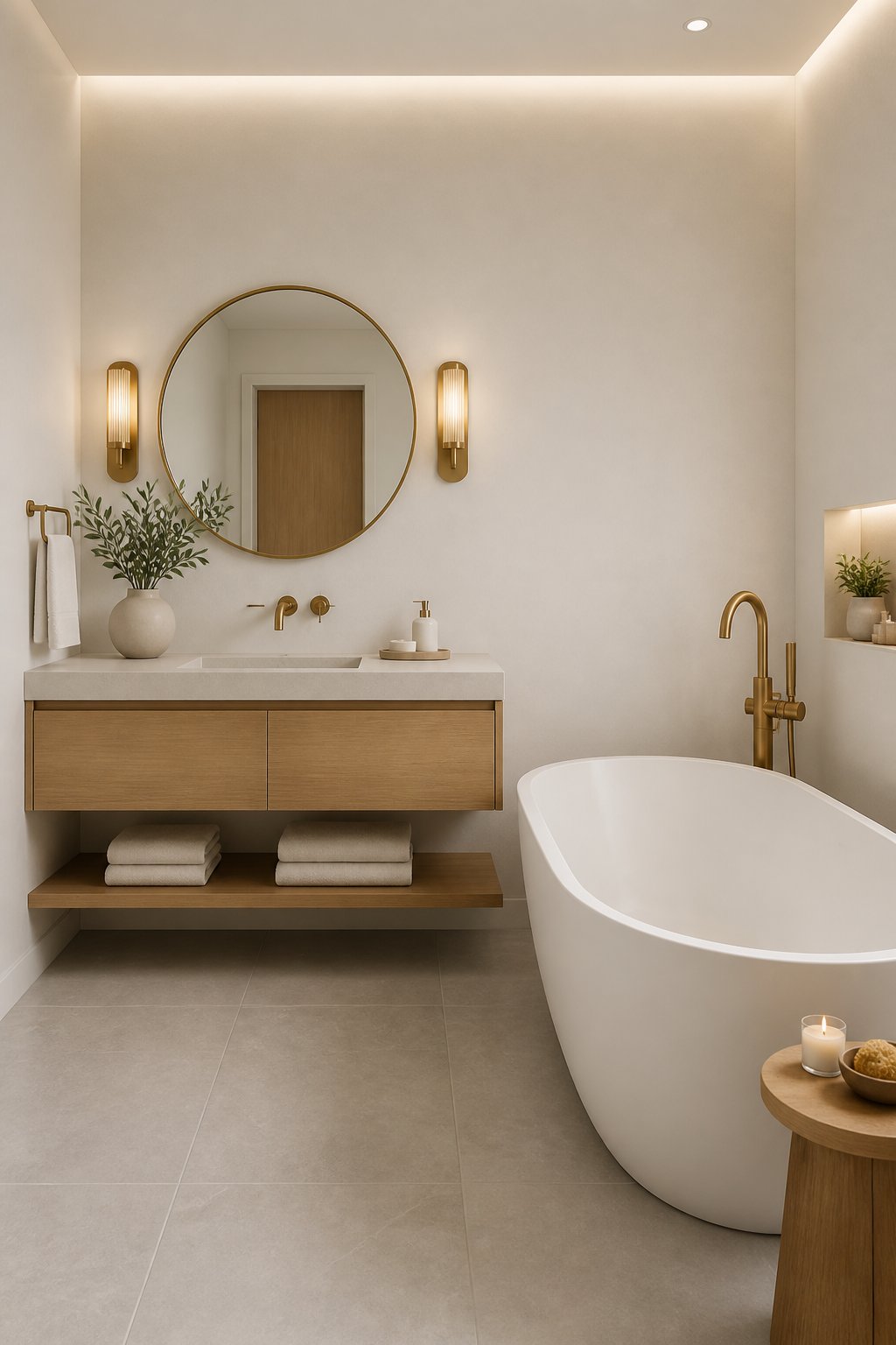 A minimalist bathroom with white walls, a floating wood vanity, a freestanding tub, brass fixtures, soft lighting, and light gray floor tiles.
