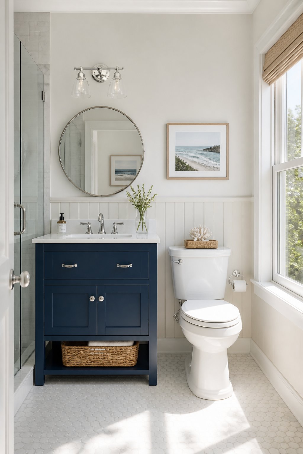 Bright bathroom with white beadboard walls, a navy vanity, polished metal fixtures, a woven basket, and sunlight through a large window.