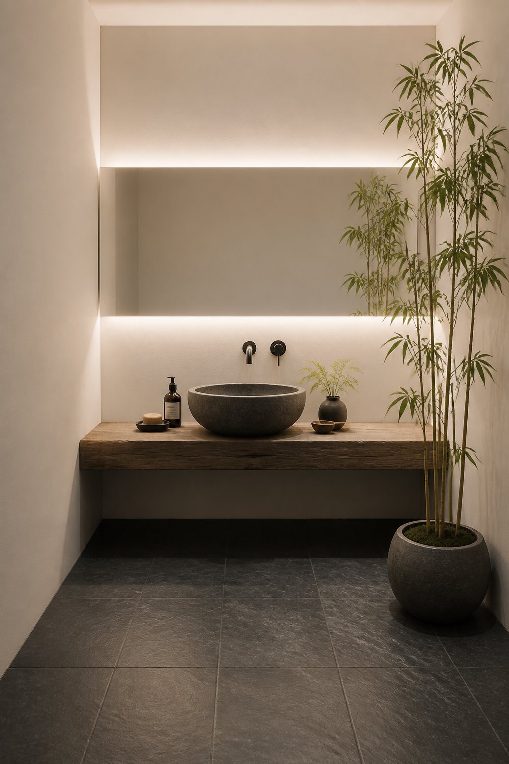 A serene bathroom with pale walls, dark floor tiles, black fixtures, a vessel sink on a wooden bench, and a tall potted plant.