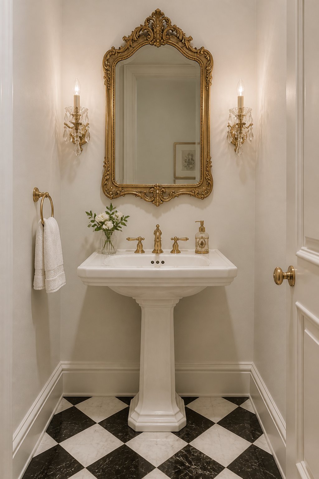 A refined powder room with light walls, checkerboard flooring, a pedestal sink, a framed mirror, and wall sconces.
