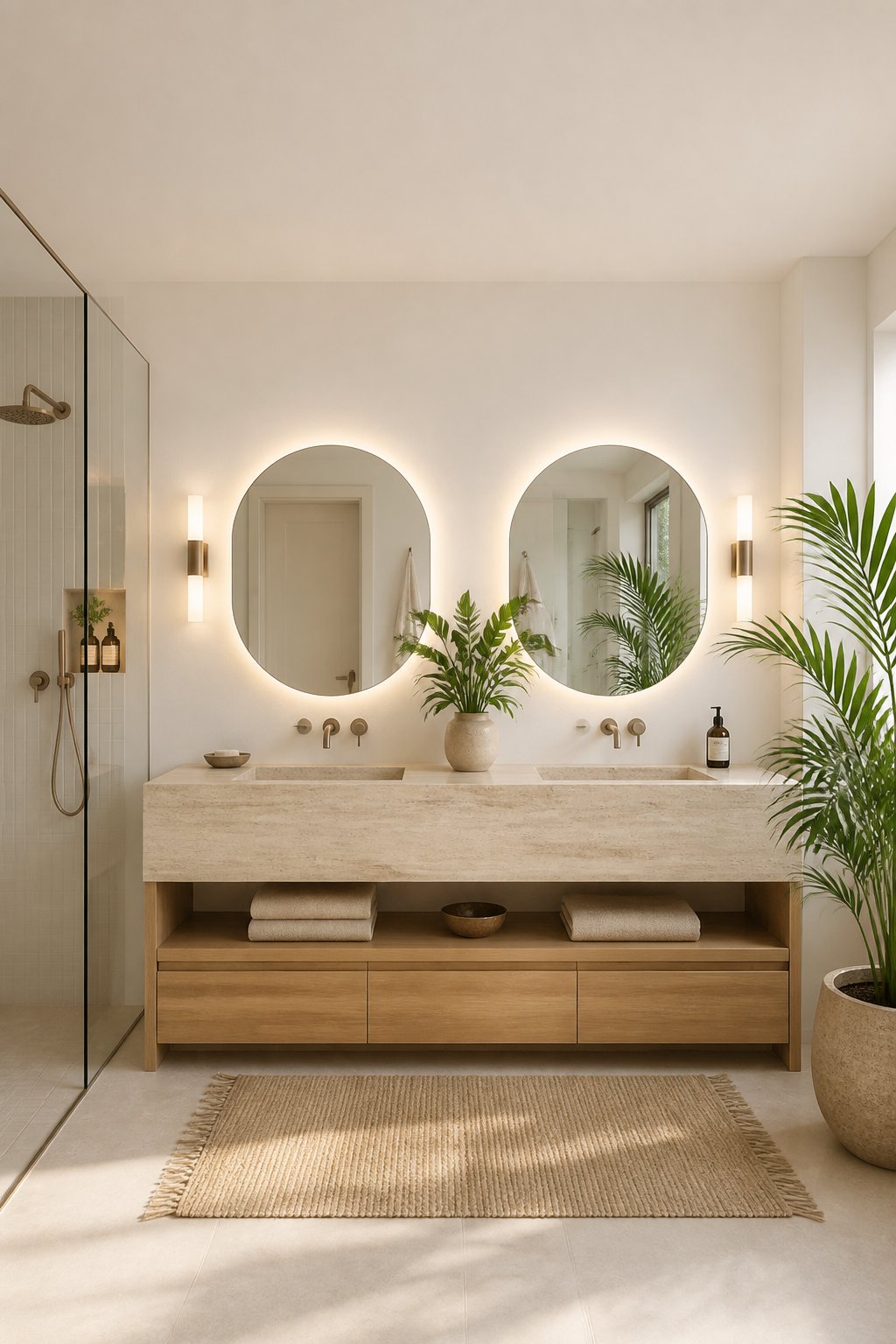 A bright bathroom with a double vanity, round mirrors, timber accents, and potted tropical plants.