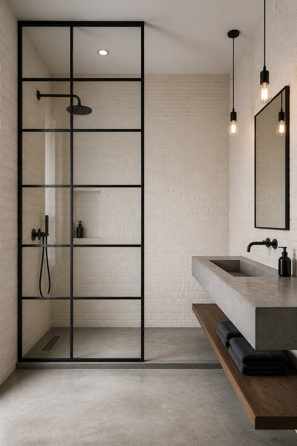 An industrial loft bathroom with white-painted brick walls, a glass shower, a concrete trough sink, black fixtures, and warm pendant lights.