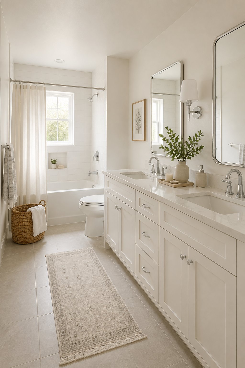 A spacious bright bathroom with white cabinetry, light countertops, chrome fixtures, and tiled flooring.