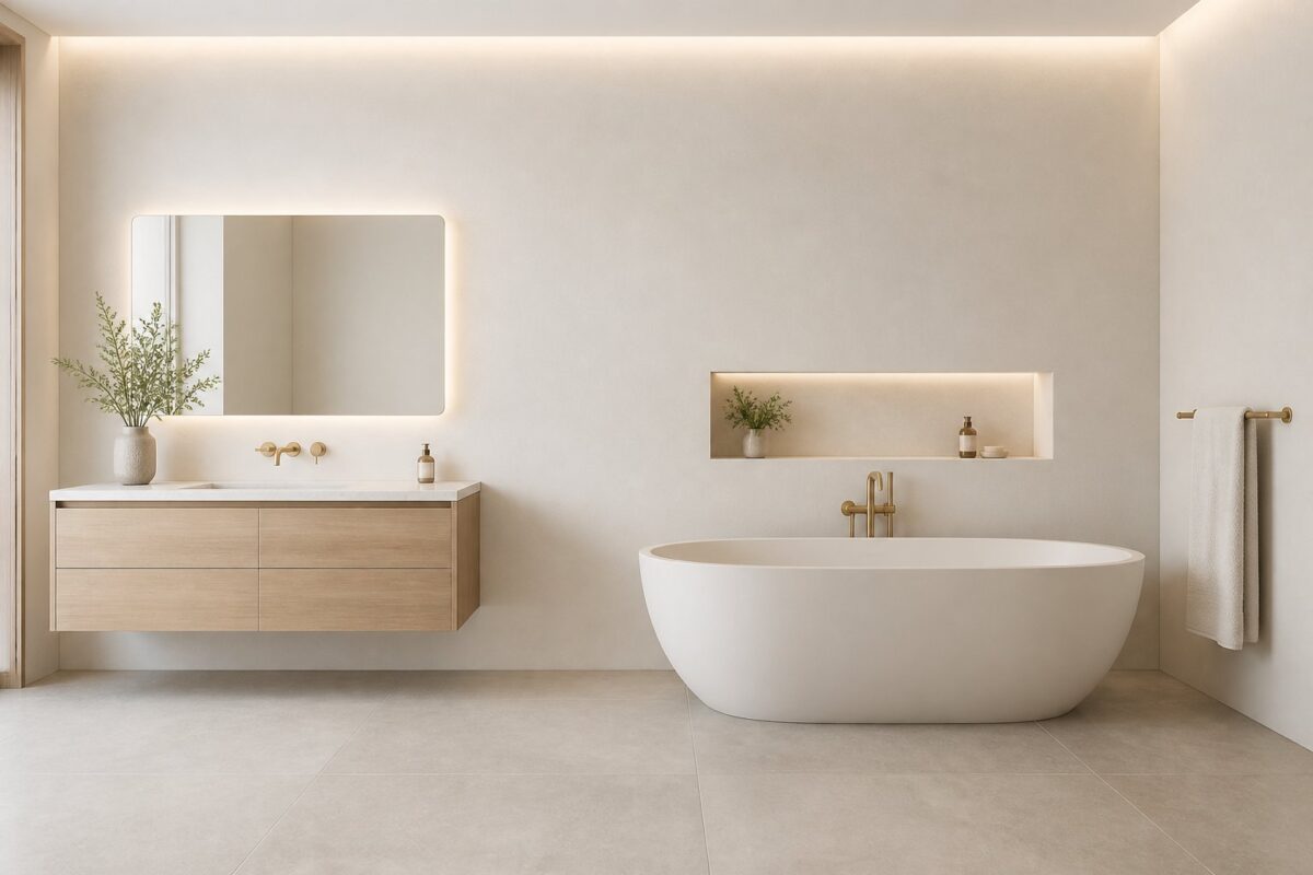 A serene modern bathroom with a floating wood vanity, freestanding bathtub, brass fixtures, and pale tiled floors.