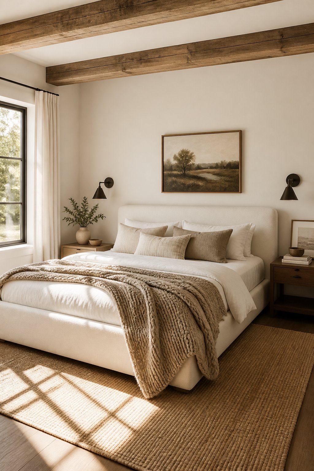 A cozy bedroom with a white upholstered bed, beige throw, wooden ceiling beams, wall sconces, and sunlight through a large window.