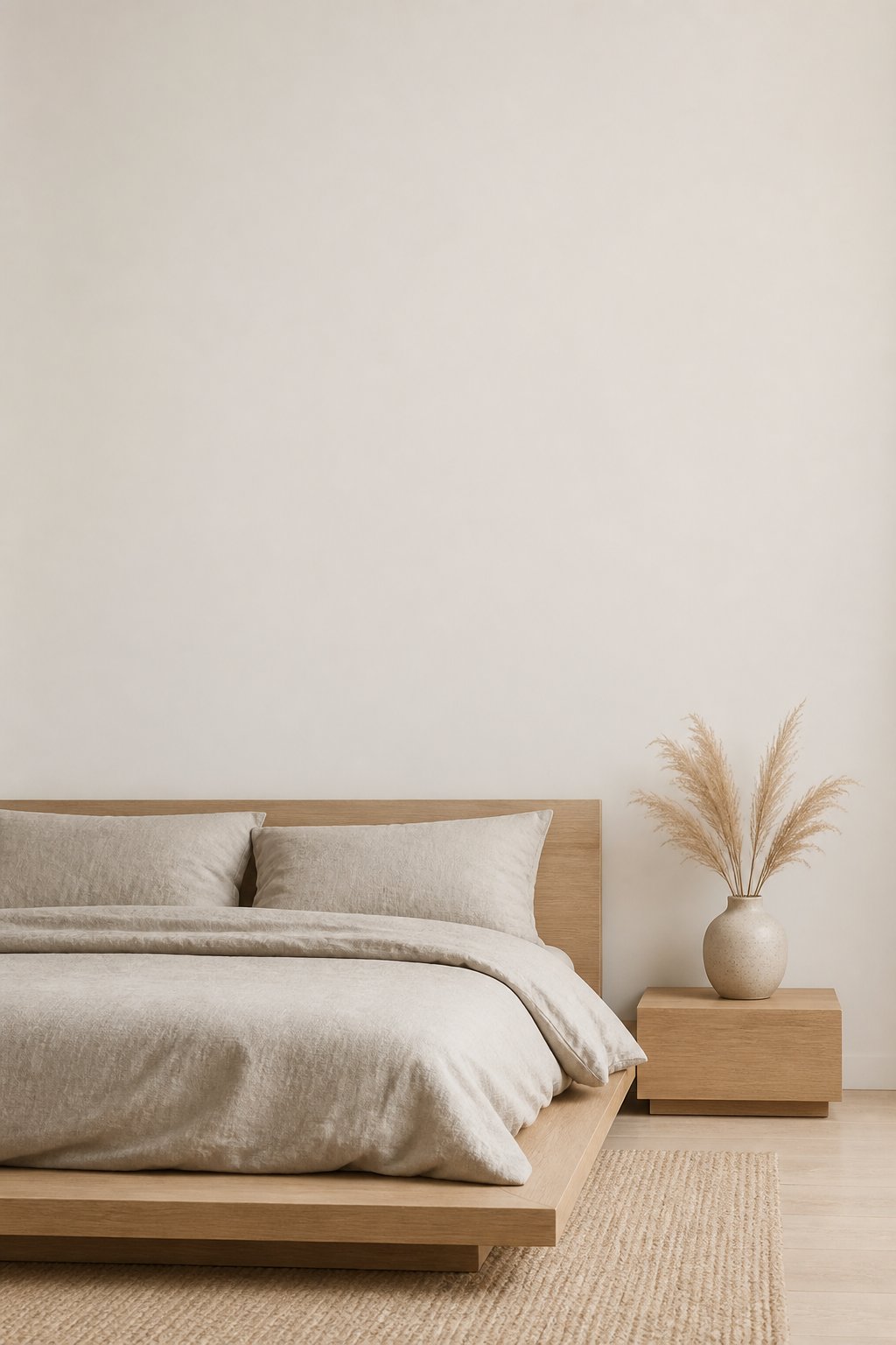 A calm bedroom with a low wooden bed, pale bedding, white walls, and a small vase of dried grass.