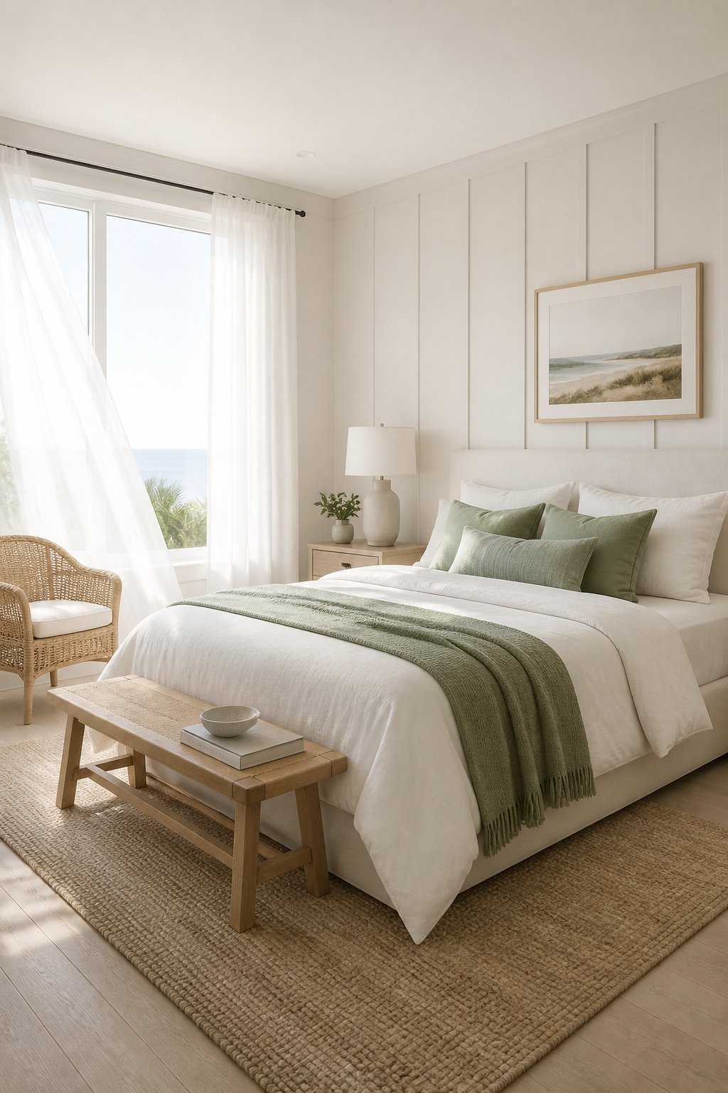 A bright bedroom with a paneled wall, bed, sheer curtains, a woven chair, decorative pillows, and wood flooring.
