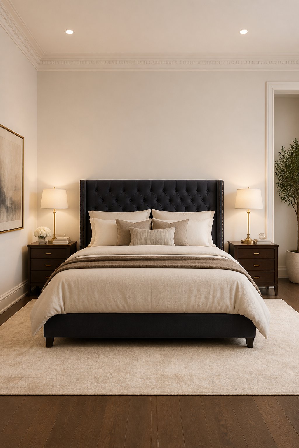 A luxurious master bedroom with a tufted bed, bedside lamps, hardwood floors, and a cream rug.