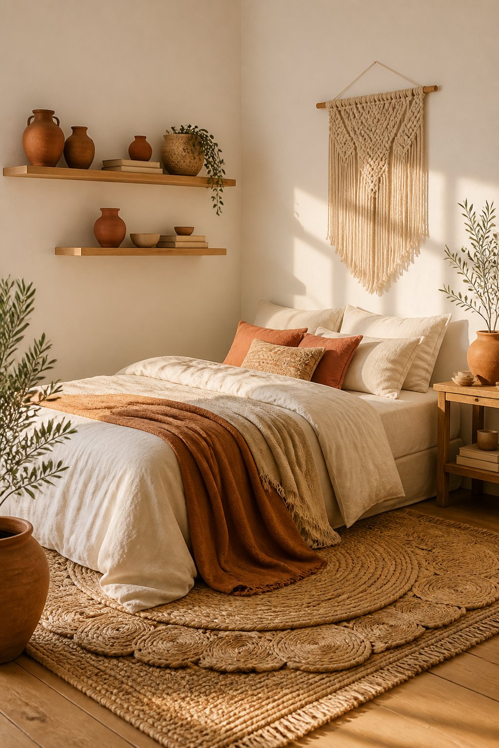 A bedroom with white walls, a bed, woven textiles, wall décor, wooden shelves, and pottery illuminated by warm sunlight.