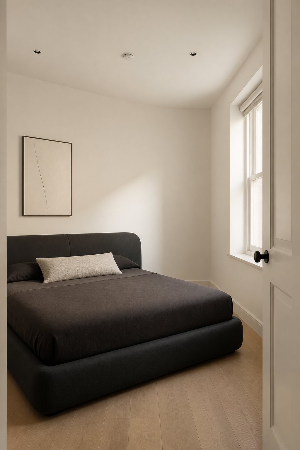 A minimalist bedroom with pale walls, a dark bed, a small wall print, and soft lighting.