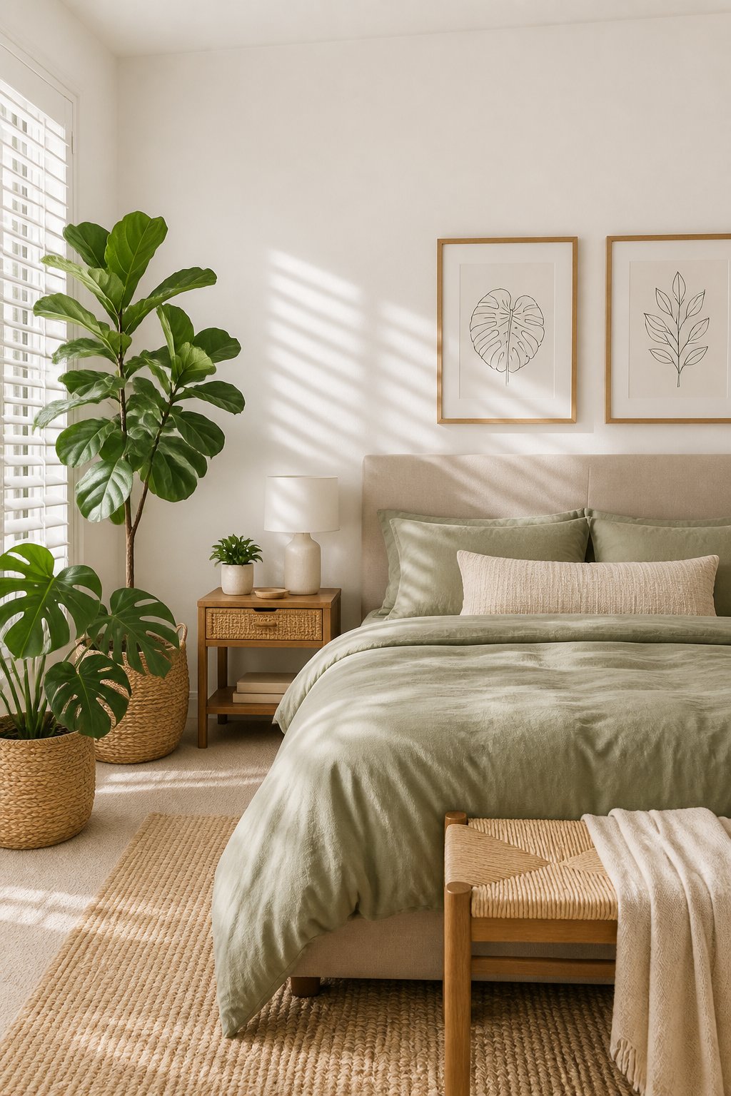 A bright bedroom with white walls, green plants, botanical artwork, and a pale olive-green bedspread.