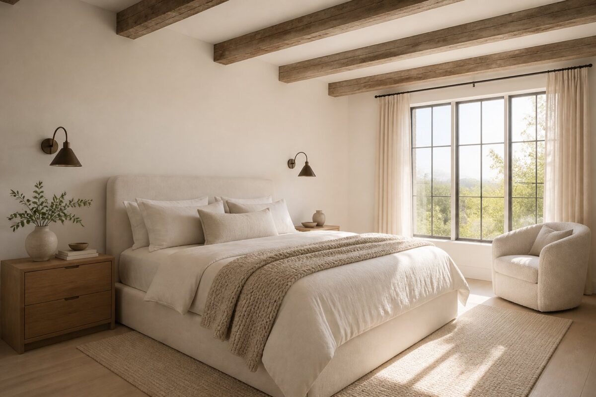 A cozy bedroom with white walls, wooden ceiling beams, a white upholstered bed, and sunlight entering through a large window.